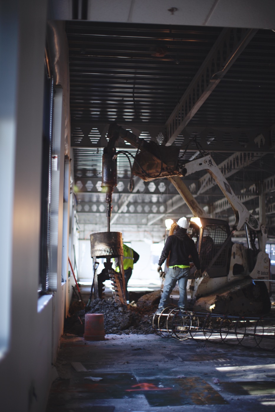 Foundation repair and structural support work inside a commercial building