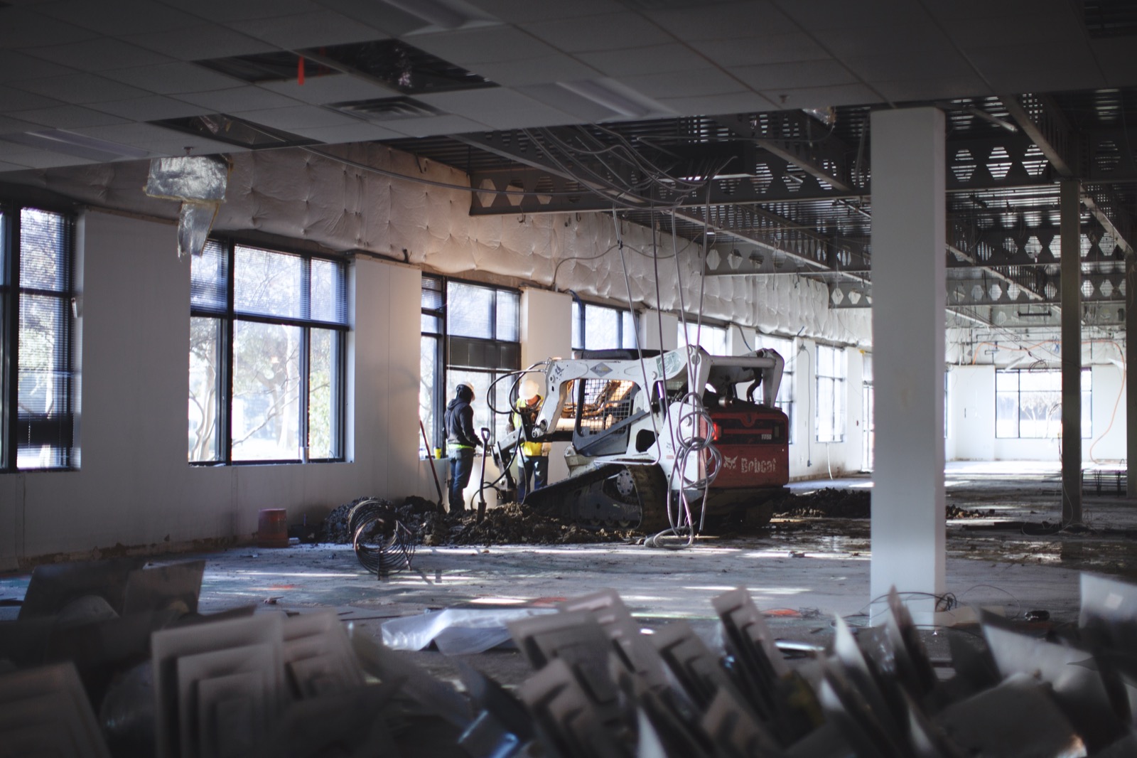 FnD Piers crew installing structural foundation support inside a commercial building in Texas