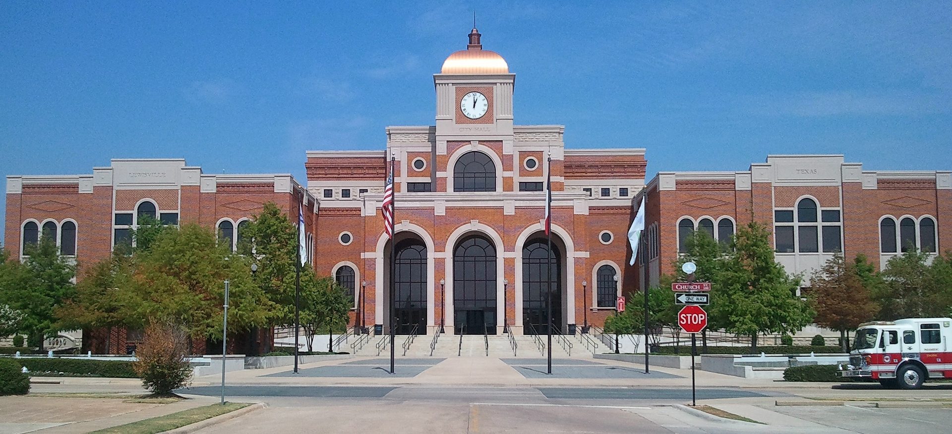 Lewisville, Texas City Hall with its red-brick clock tower