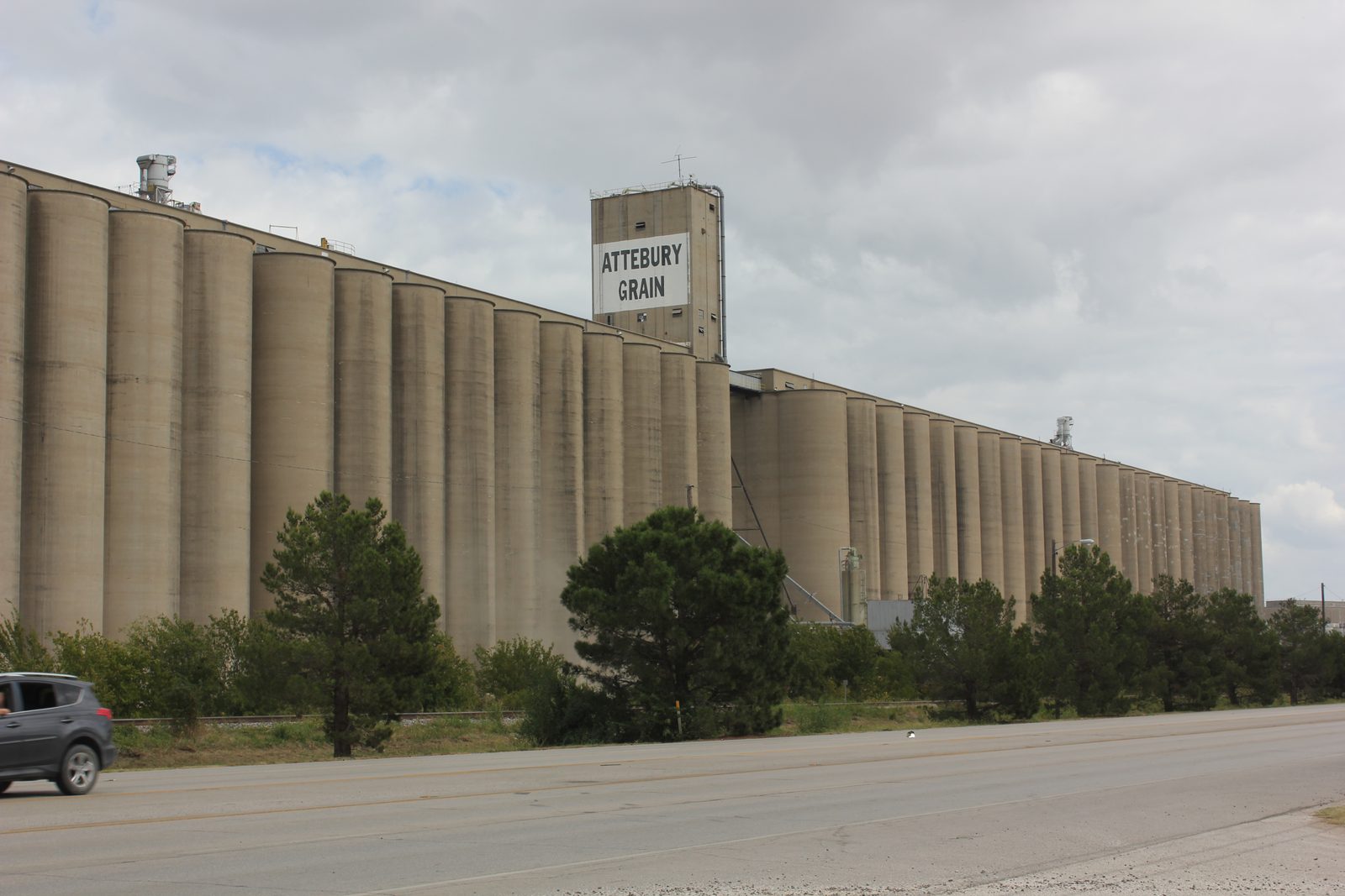 Attebury Grain elevators in Saginaw, Texas — the city's landmark concrete grain silos along the railroad